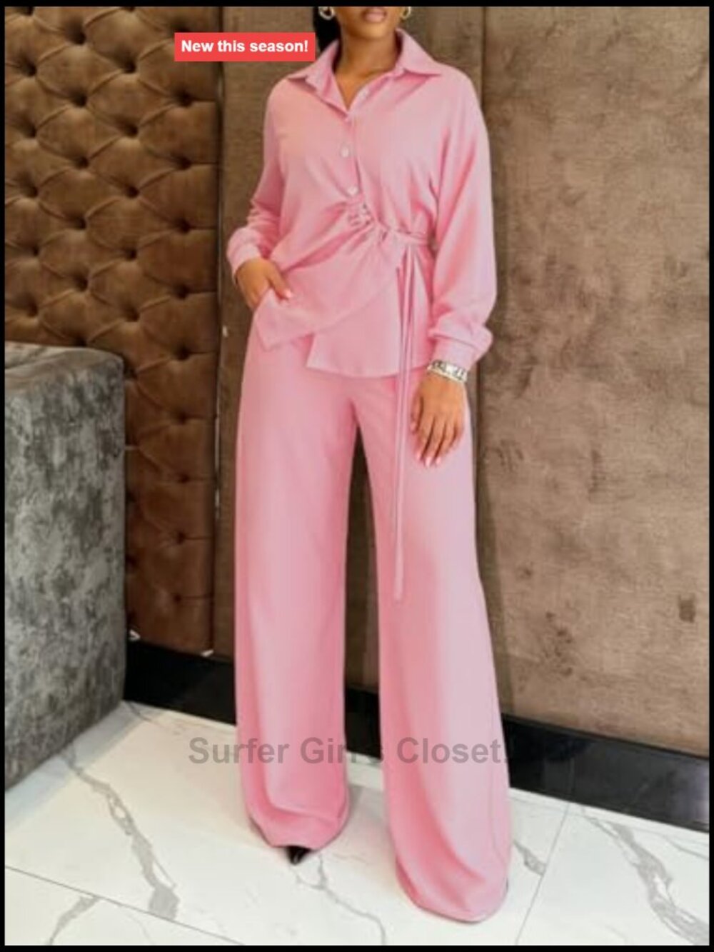 Button Down Shirt and Wide Leg Pants Matching Set 2 Piece Outfit - Picture 3 of 7